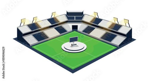 Futuristic isometric stadium arena with bright lights and green field design concept