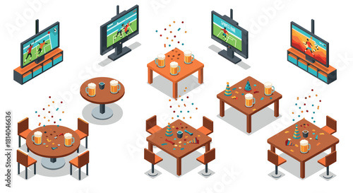 Isometric sports bar setup with televisions and festive tables