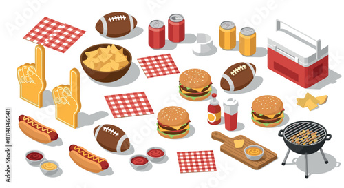 Isometric tailgate party: burgers, drinks, and snacks for game day fun