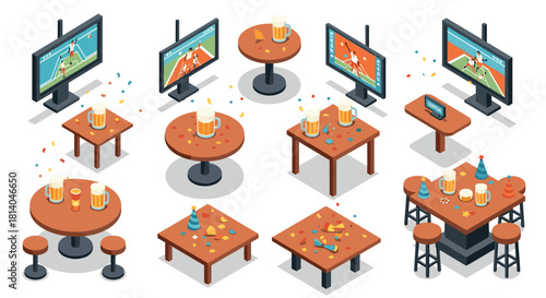 Isometric bar scene with football game on screens and tables with drinks