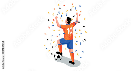 Soccer player celebrating victory with confetti and joyful pose