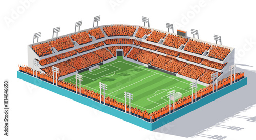 Isometric soccer stadium with crowded stands and green field