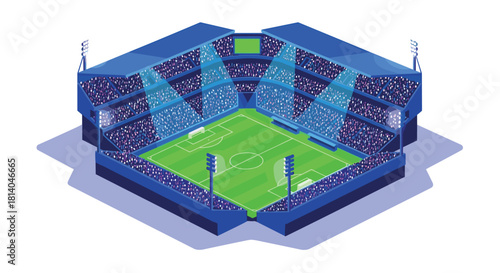 Vibrant isometric soccer stadium with bright lights and full stands