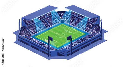 Isometric soccer stadium with crowd and floodlights on green field