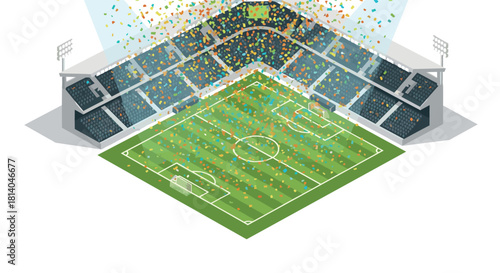 Festive stadium celebration with colorful confetti over soccer field