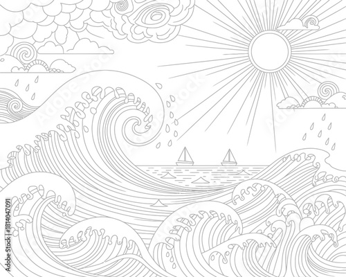 Stylized line art of a stormy sea with sailing boats and sun