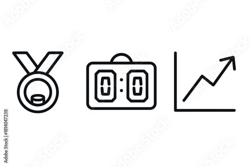 Minimal sports icons medal, countdown timer, rising graph
