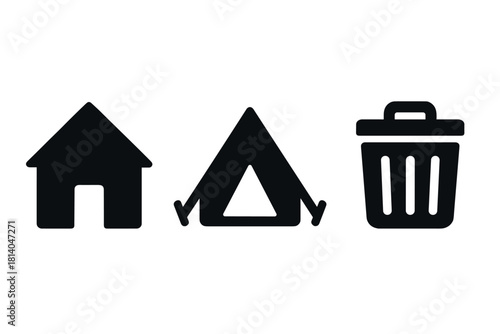 Minimalist icons of house, tent, and trash bin in black silhouette design