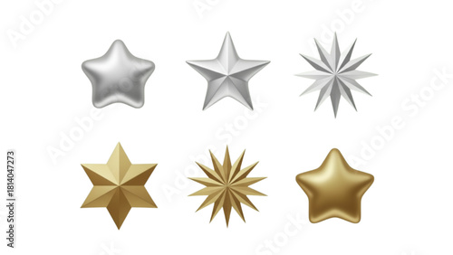 3D realistic gold and silver stars set. Metallic glossy shapes, isolated pentagram and starburst icons for Christmas, awards, and rating.