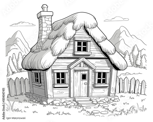 Charming thatched roof cottage with stone chimney and mountain background