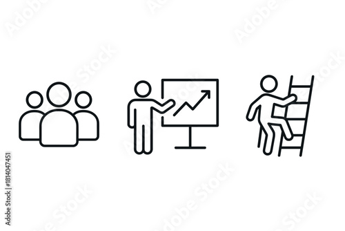 Business growth icons teamwork, analytics, and progression in linear style