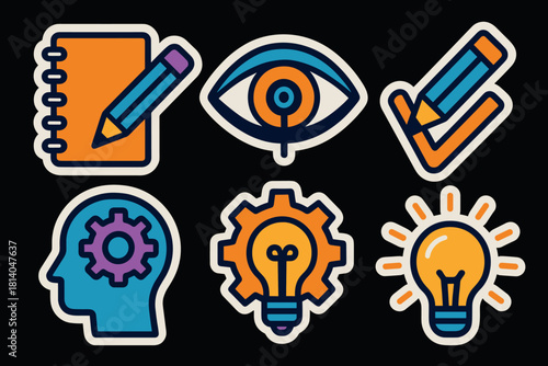 Creative icon set featuring light bulb and head imagery in bold outline style
