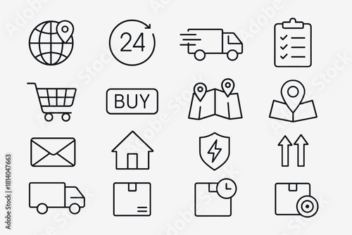 Linear delivery and shopping icons transport, logistics, and ecommerce symbols