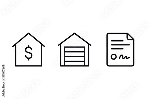 Minimalist real estate icons home value, garage, contract