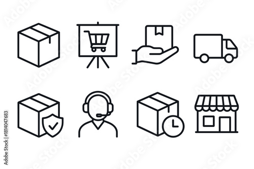 Ecommerce and delivery icons minimalistic line art for online shopping and shipping