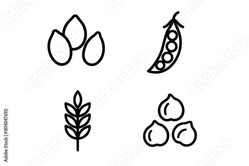Minimalist outline icons of beans, grains, and nuts for healthy food concepts