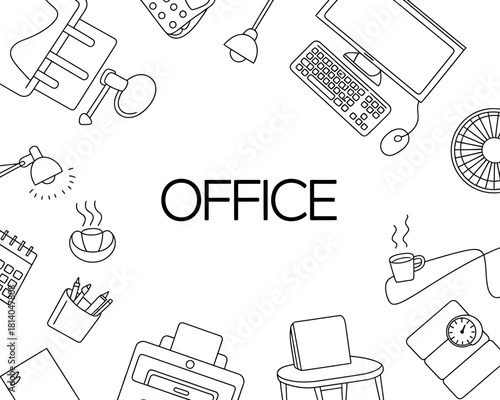 Office desk items and supplies arranged around the word office
