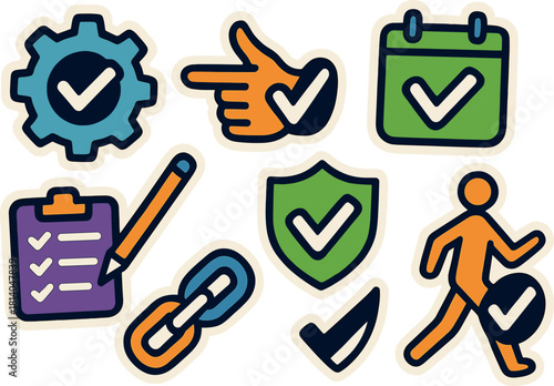 Colorful sticker icons productivity and check marks for tasks and planning