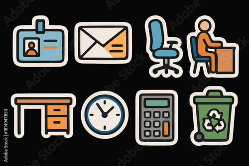 Office stickers set desk, chair, calculator, recycle bin, clock, id badge