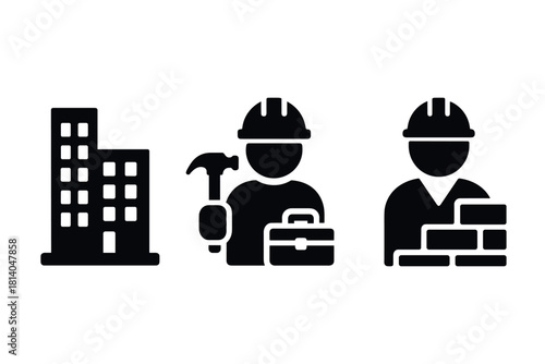 Construction icons set worker silhouettes and building symbols