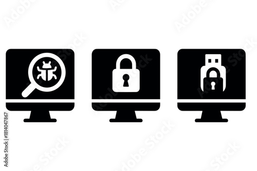 Cybersecurity icons bug detection, data protection, usb security in flat design