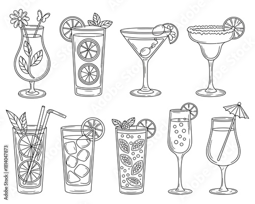 Collection of hand drawn cocktail and drink illustrations in black and white