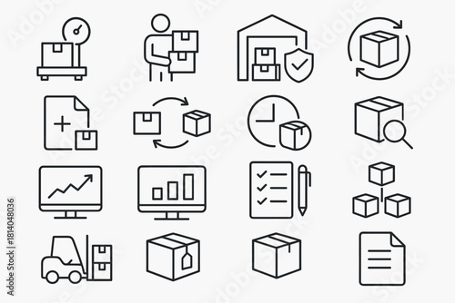 Warehouse and logistics icons packaging, delivery, supply chain, inventory management in line style