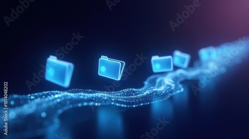 Carpetas luminosas flotantes digitales se mueven a lo largo de un sinuoso camino digital brillante