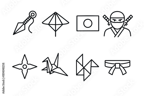 Minimalist ninja icons set weapons, symbols, and origami