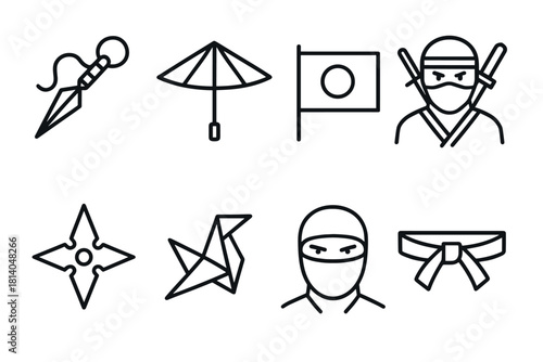 Minimal japanese ninja and martial arts icons in linear flat design