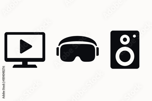 Minimalist icons video play, vr headset, and speaker