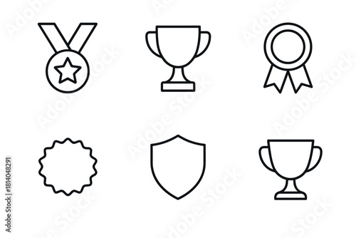 Outline icons of awards and achievements medals, trophies, and shields