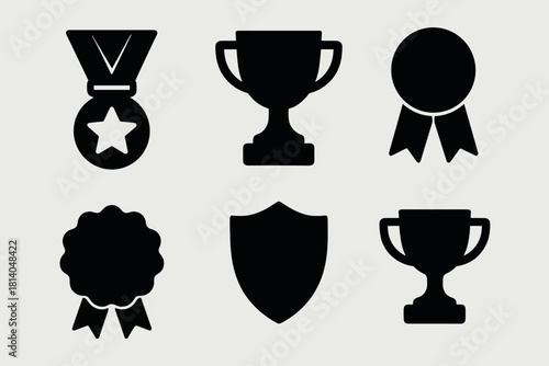 Collection of trophy and medal icons in silhouette style for achievements and awards