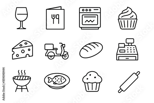 Minimalist food and kitchen icons wine, cheese, cupcake, and more