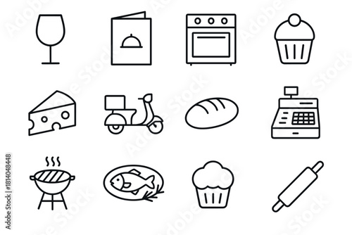 Linear icons of kitchen and food items including wine glass, oven, cupcake, and cheese