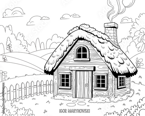 Charming rustic cottage with thatched roof and smoking chimney in a pastoral landscape