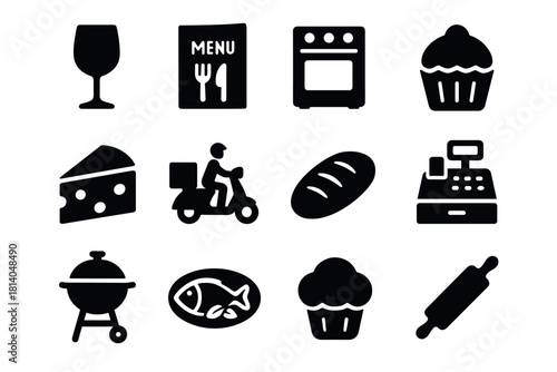 Culinary icons set featuring kitchen, baking, and dining silhouettes