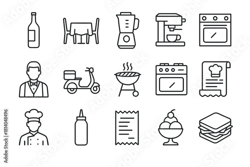 Outline icons of kitchen, dining, and culinary essentials