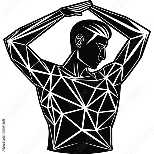 A geometric vector of a shoulder stretching, representing flexibility, movement, exercise, and muscle anatomy.