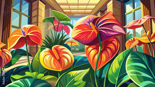 Very beautiful colorful anthurium flowers with glossy petals displayed in a bright indoor space, where natural light enhances the rich pink and orange hues, creating a stunning and vibrant tropical 