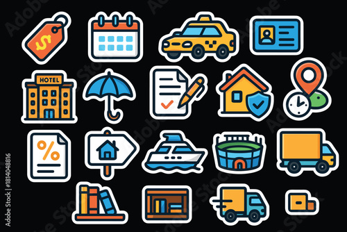 Colorful sticker style icons for travel, transportation, and accommodation