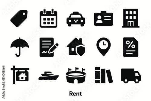 Essential rental icons car, house, calendar, and more in bold black style