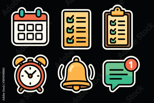 Colorful reminder and planner icons featuring calendar, checklist, and alarm clock