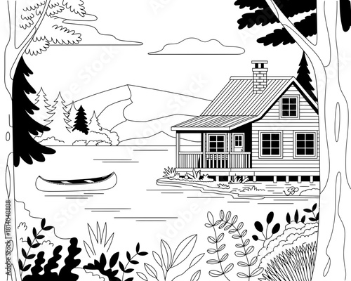 Rustic cabin by the lake with canoe and mountain backdrop