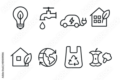 Ecofriendly icons set sustainable energy, water conservation, recycling, and green living