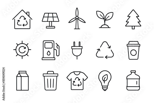 Ecofriendly icons collection featuring renewable energy and recycling symbols in simple line art style