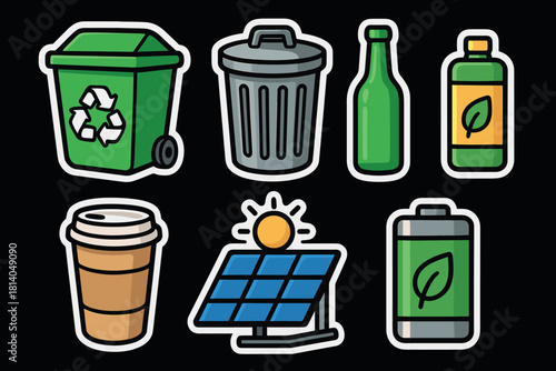 Ecofriendly waste management icons featuring recycling and renewable energy