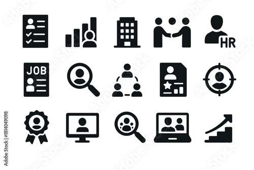 Business and human resources icons set job search, growth, and teamwork