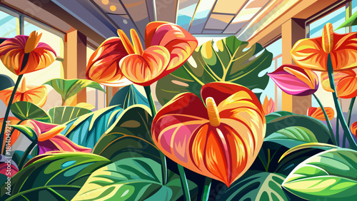 Very beautiful colorful anthurium flowers with glossy petals displayed in a bright indoor space, where natural light enhances the rich pink and orange hues, creating a stunning and vibrant tropical 