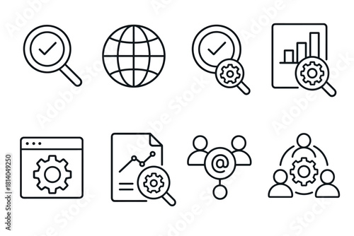 Business analytics icons set with magnifying glass and gear symbols in linear style